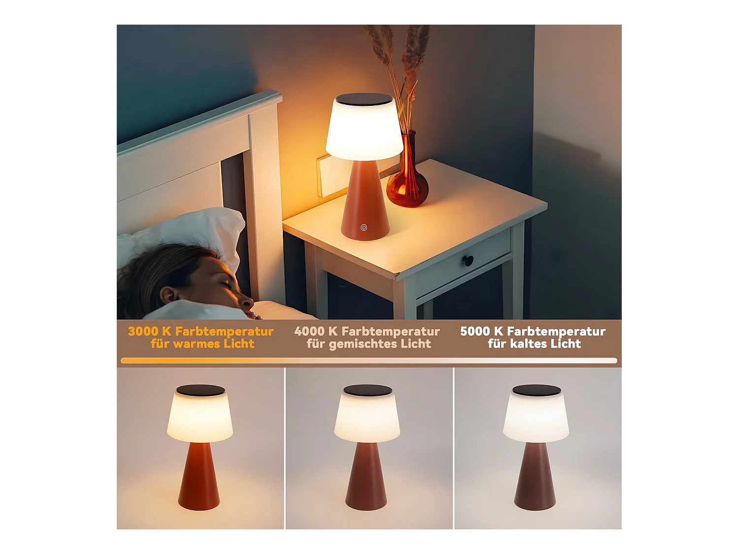 NETTLIFE Lampe de table à batterie solaire lampe de chevet LED sans fil 3600mhA rechargeable tactile dimmable lampe rouge avec batterie USB