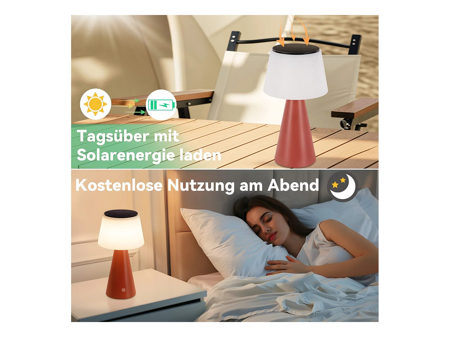 NETTLIFE Lampe de table à batterie solaire lampe de chevet LED sans fil 3600mhA rechargeable tactile dimmable lampe rouge avec batterie USB