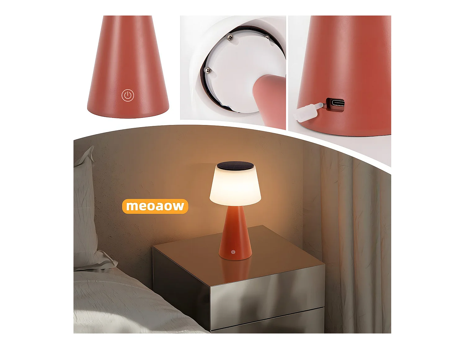 NETTLIFE Lampe de table à batterie solaire lampe de chevet LED sans fil 3600mhA rechargeable tactile dimmable lampe rouge avec batterie USB