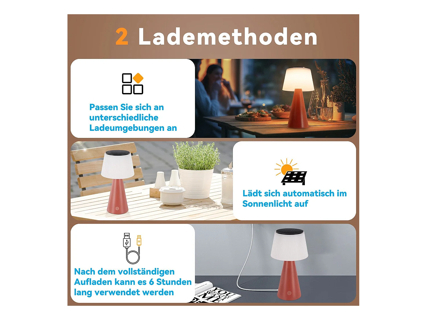 NETTLIFE Lampe de table à batterie solaire lampe de chevet LED sans fil 3600mhA rechargeable tactile dimmable lampe rouge avec batterie USB