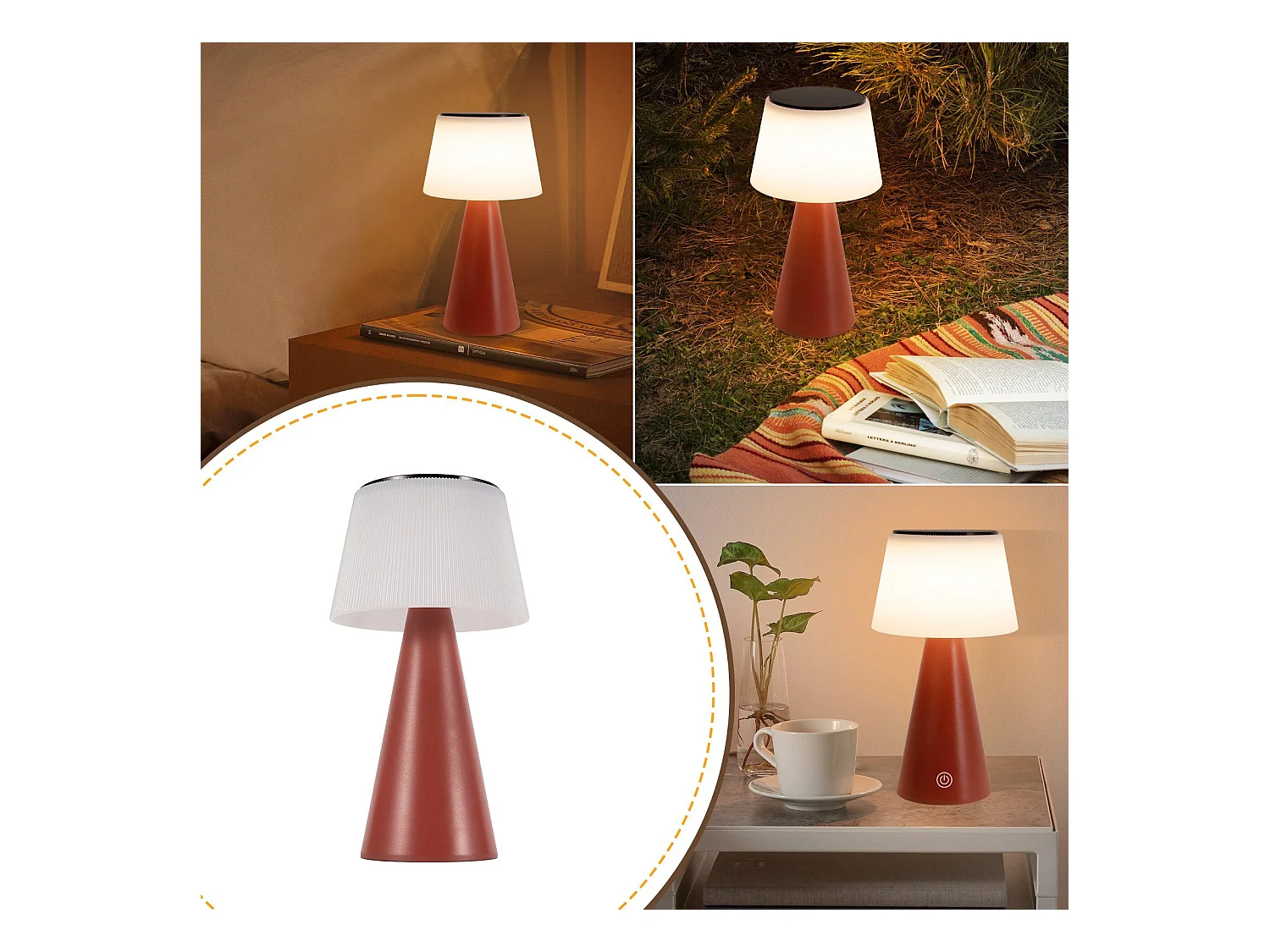 NETTLIFE Lampe de table à batterie solaire lampe de chevet LED sans fil 3600mhA rechargeable tactile dimmable lampe rouge avec batterie USB