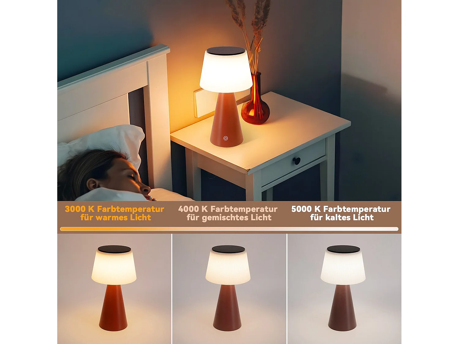 NETTLIFE Solar Battery Lamp Table Lamp Bezprzewodowa Lampa Nocna LED 3600mhA Akumulatorowa Dotykowa Ściemnialna Czerwona Lampa z Baterią USB