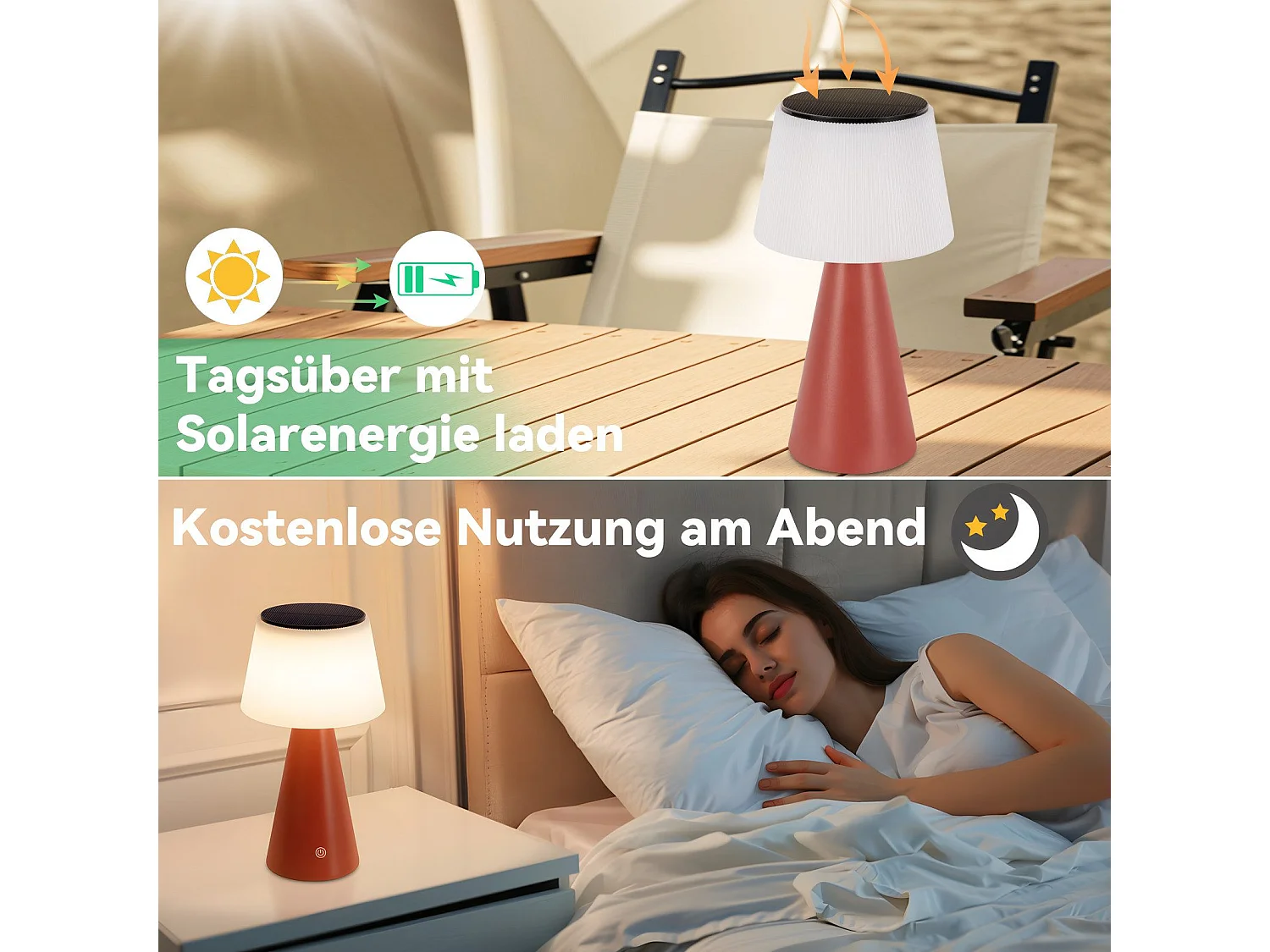 NETTLIFE Solar Battery Lamp Table Lamp Bezprzewodowa Lampa Nocna LED 3600mhA Akumulatorowa Dotykowa Ściemnialna Czerwona Lampa z Baterią USB