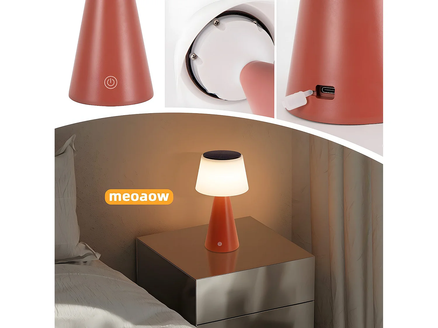 NETTLIFE Solar Battery Lamp Table Lamp Bezprzewodowa Lampa Nocna LED 3600mhA Akumulatorowa Dotykowa Ściemnialna Czerwona Lampa z Baterią USB