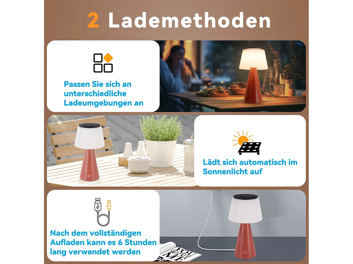 NETTLIFE Solar Battery Lamp Table Lamp Bezprzewodowa Lampa Nocna LED 3600mhA Akumulatorowa Dotykowa Ściemnialna Czerwona Lampa z Baterią USB