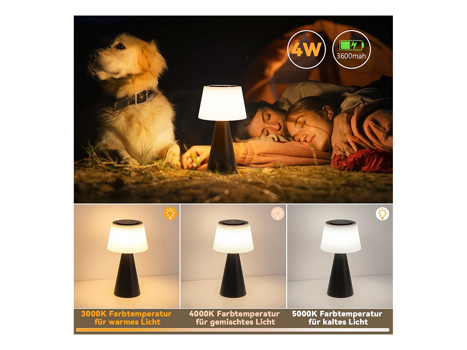 NETTLIFE Lampe de table à piles, lampe de chevet LED - 3600mhA sans fil, lampe tactile à intensité variable avec batterie rechargeable USB noire