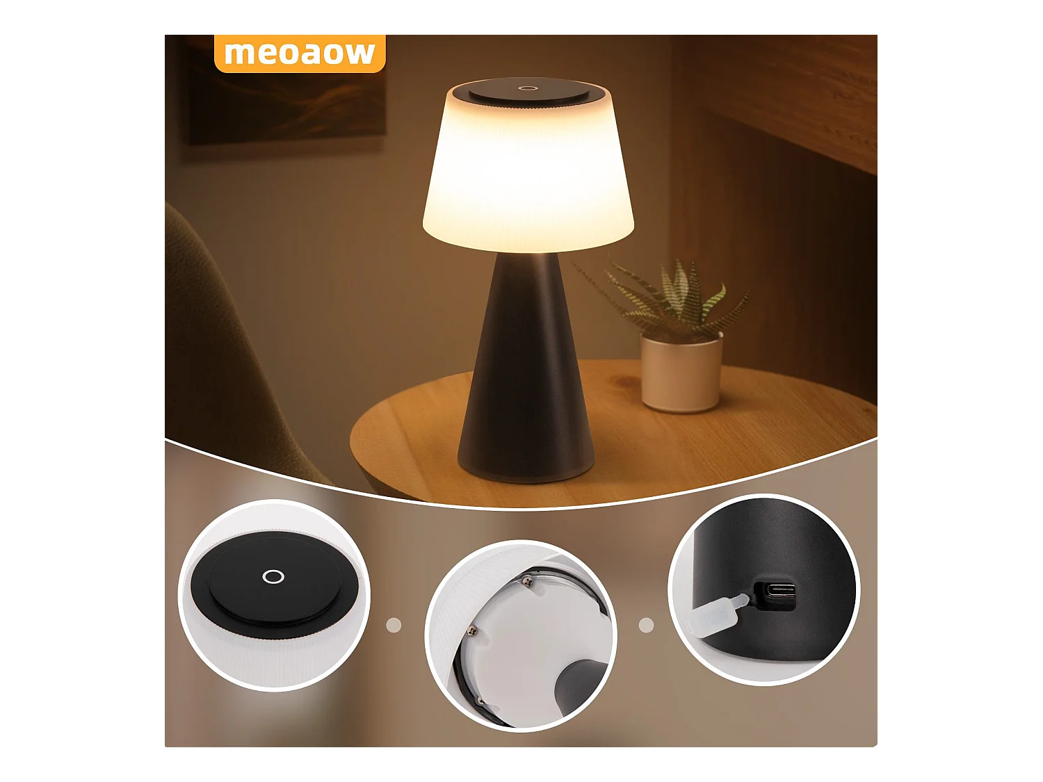 NETTLIFE Lampe de table à piles, lampe de chevet LED - 3600mhA sans fil, lampe tactile à intensité variable avec batterie rechargeable USB noire