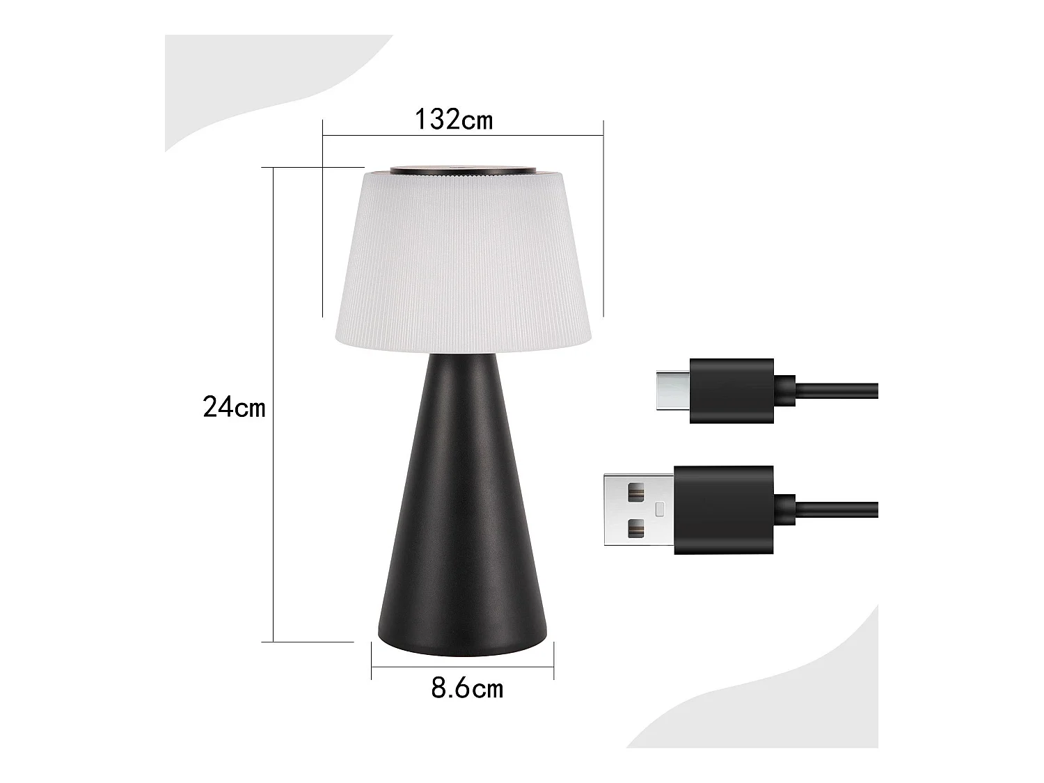 NETTLIFE Lampe de table à piles, lampe de chevet LED - 3600mhA sans fil, lampe tactile à intensité variable avec batterie rechargeable USB noire