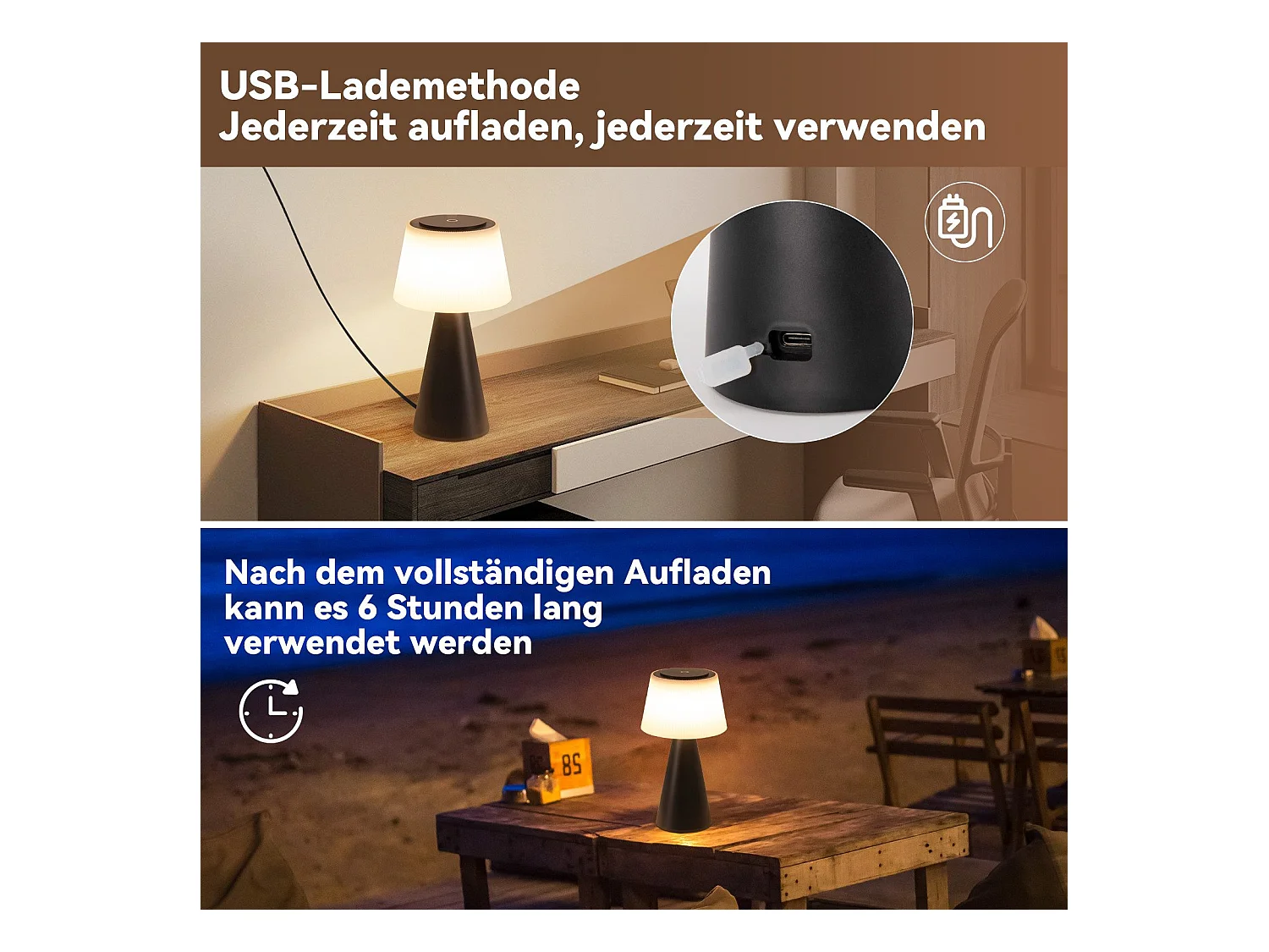NETTLIFE Lampe de table à piles, lampe de chevet LED - 3600mhA sans fil, lampe tactile à intensité variable avec batterie rechargeable USB noire