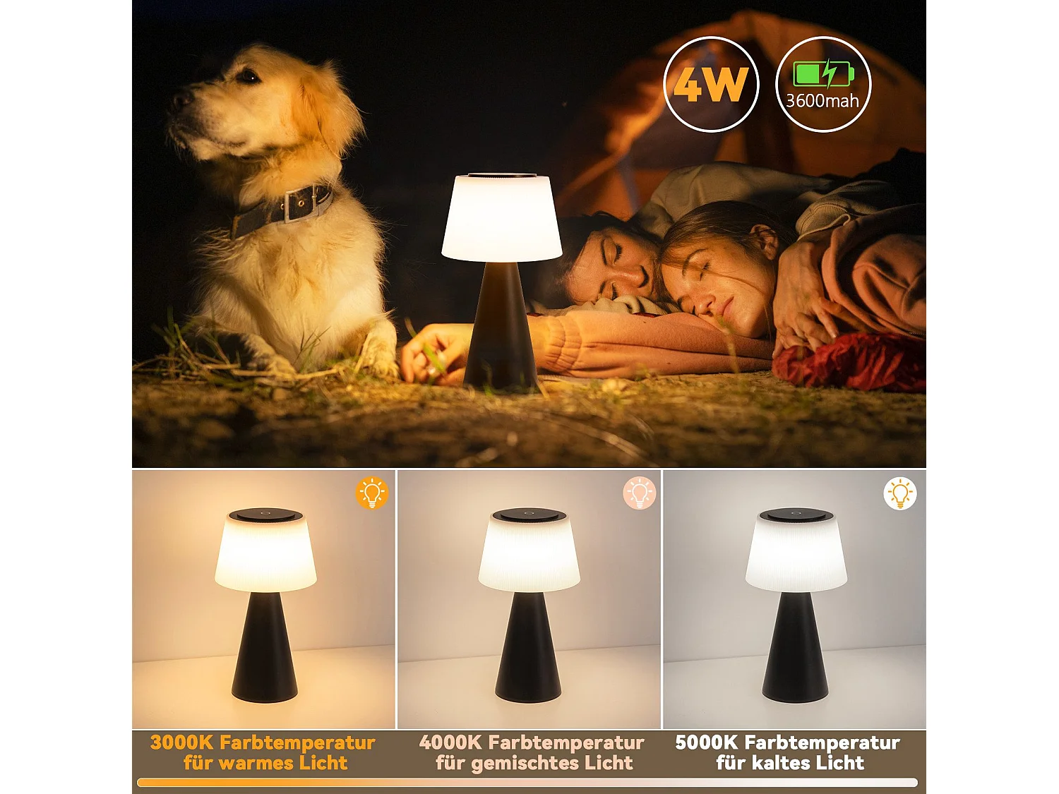 NETTLIFE Batterijgevoede tafellamp, LED-bedlamp - 3600 mAh draadloze, dimbare touchlamp met USB-oplaadbare batterij, zwart