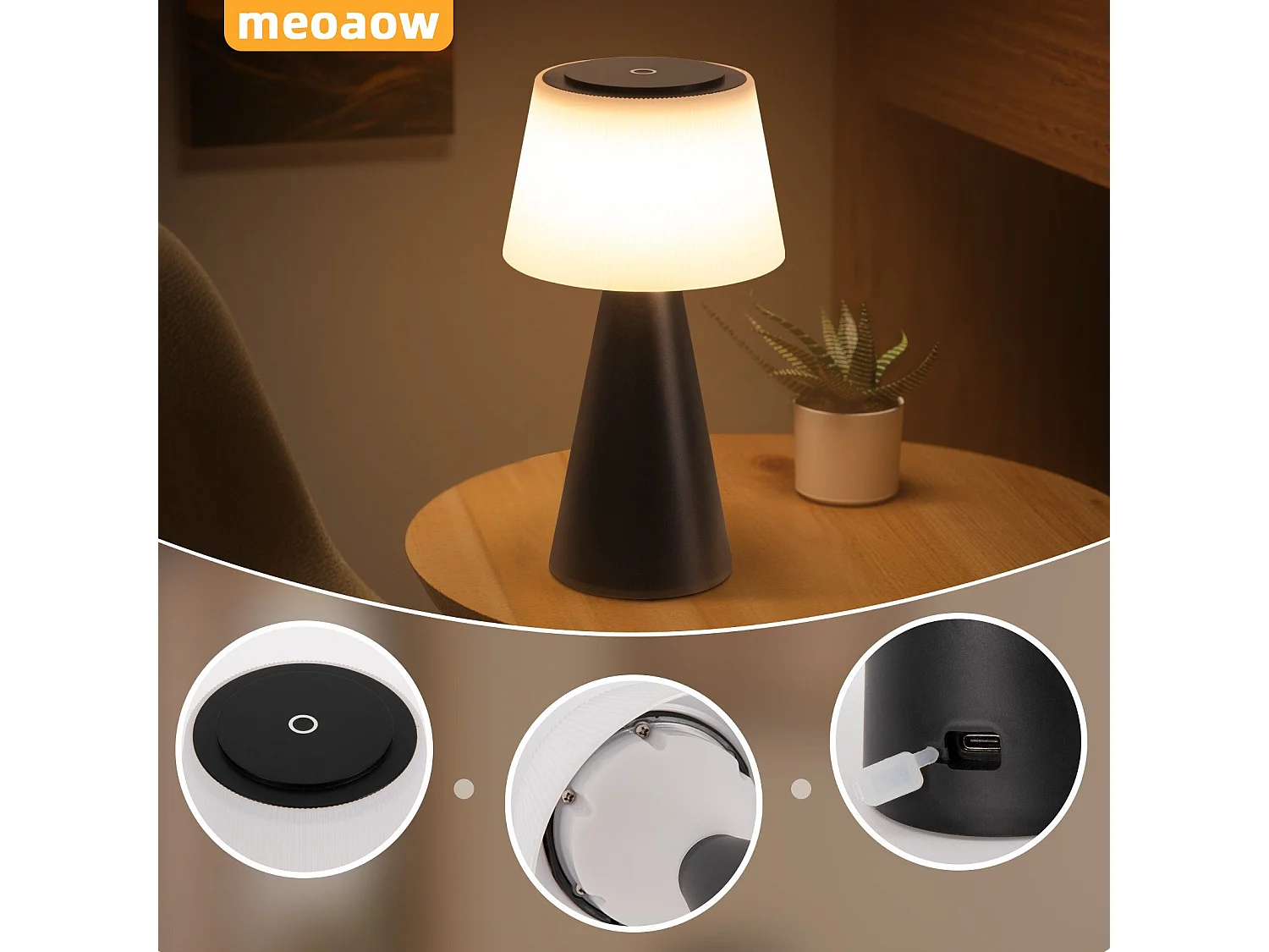 NETTLIFE Batterijgevoede tafellamp, LED-bedlamp - 3600 mAh draadloze, dimbare touchlamp met USB-oplaadbare batterij, zwart