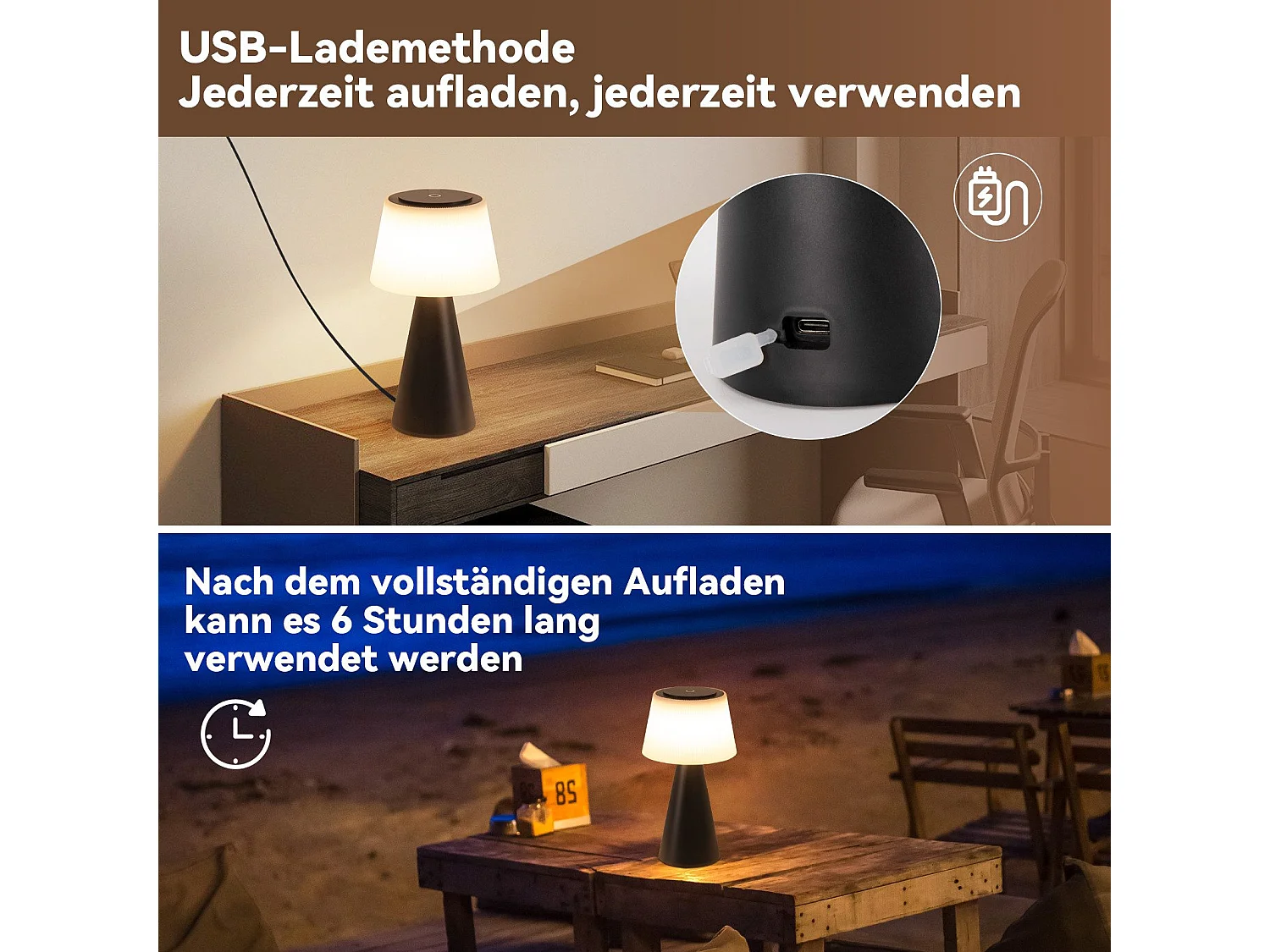 NETTLIFE Batterijgevoede tafellamp, LED-bedlamp - 3600 mAh draadloze, dimbare touchlamp met USB-oplaadbare batterij, zwart