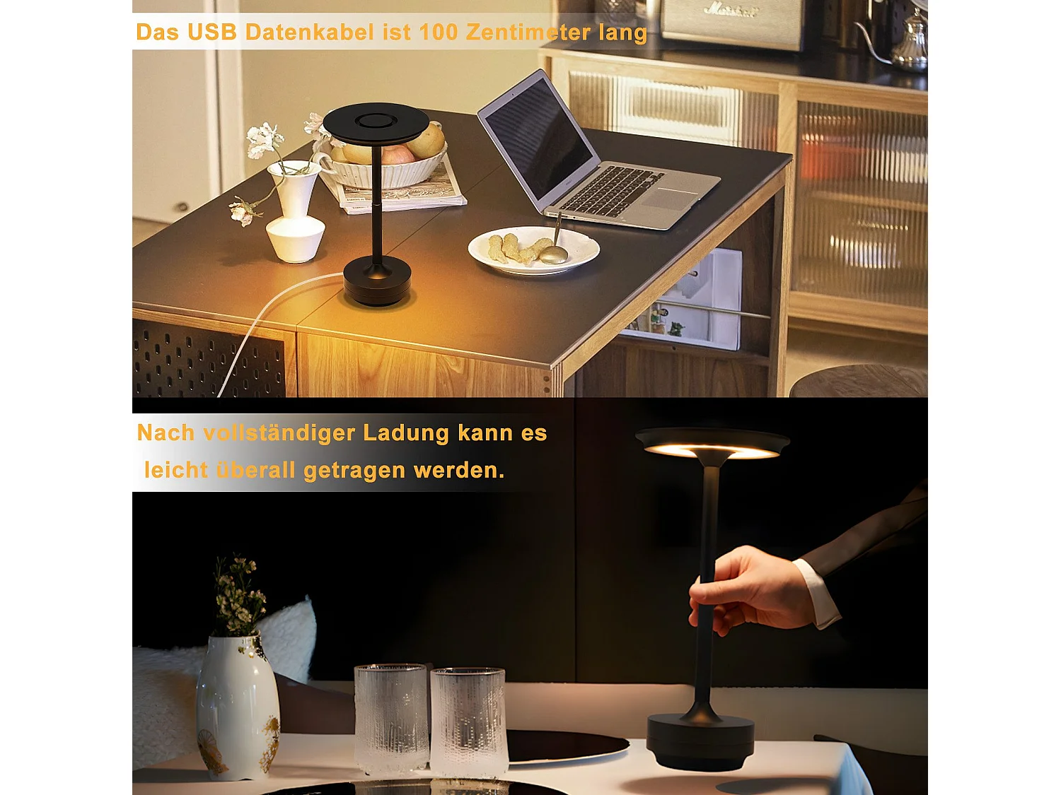 NETTLIFE Lampe de chevet sans fil à LED, rechargeable par USB, tactile, à intensité variable, noire