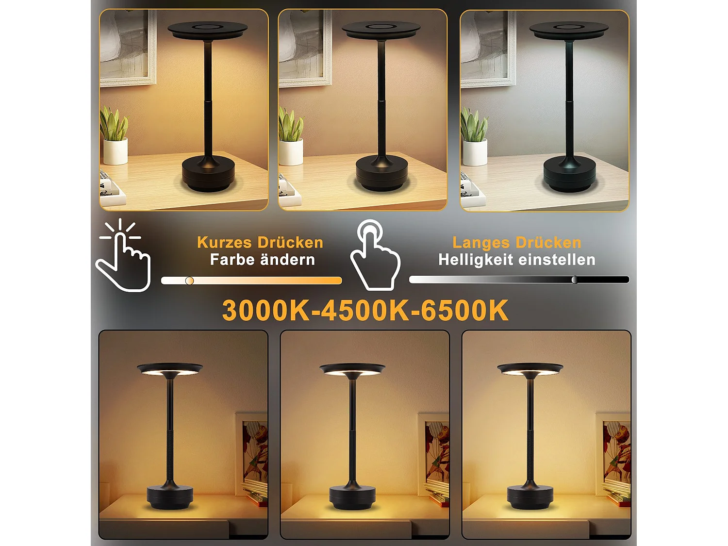 NETTLIFE Draadloze LED-bedlamp, USB-oplaadbaar, Touchscreen, Dimbaar, Zwart