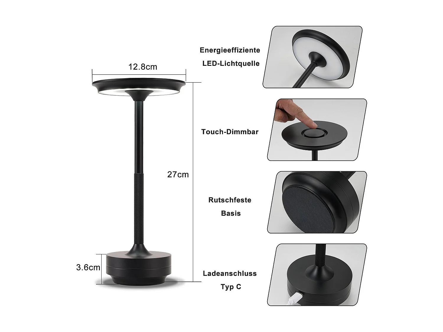 NETTLIFE Draadloze LED-bedlamp, USB-oplaadbaar, Touchscreen, Dimbaar, Zwart