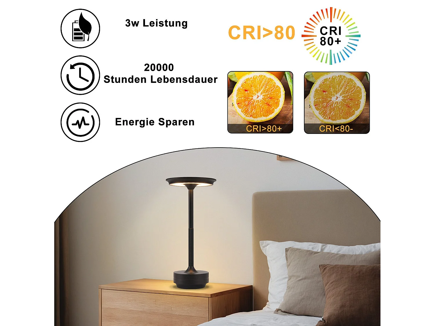 NETTLIFE Draadloze LED-bedlamp, USB-oplaadbaar, Touchscreen, Dimbaar, Zwart