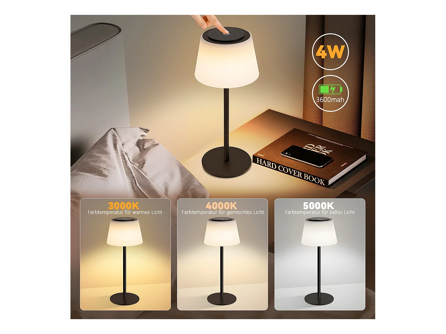 NETTLIFE Lampe de chevet sans fil à LED, rechargeable par USB, tactile, intensité variable, noire, 3600 mhA
