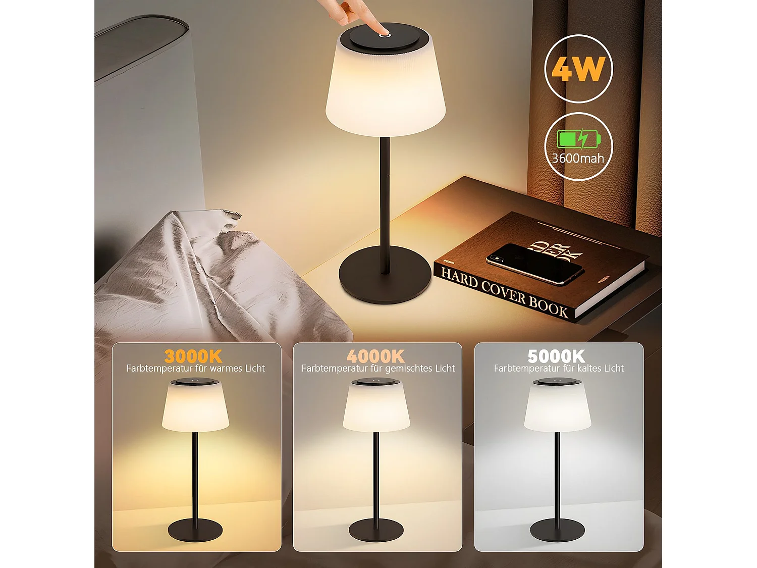 NETTLIFE Lampe de chevet sans fil à LED, rechargeable par USB, tactile, intensité variable, noire, 3600 mhA