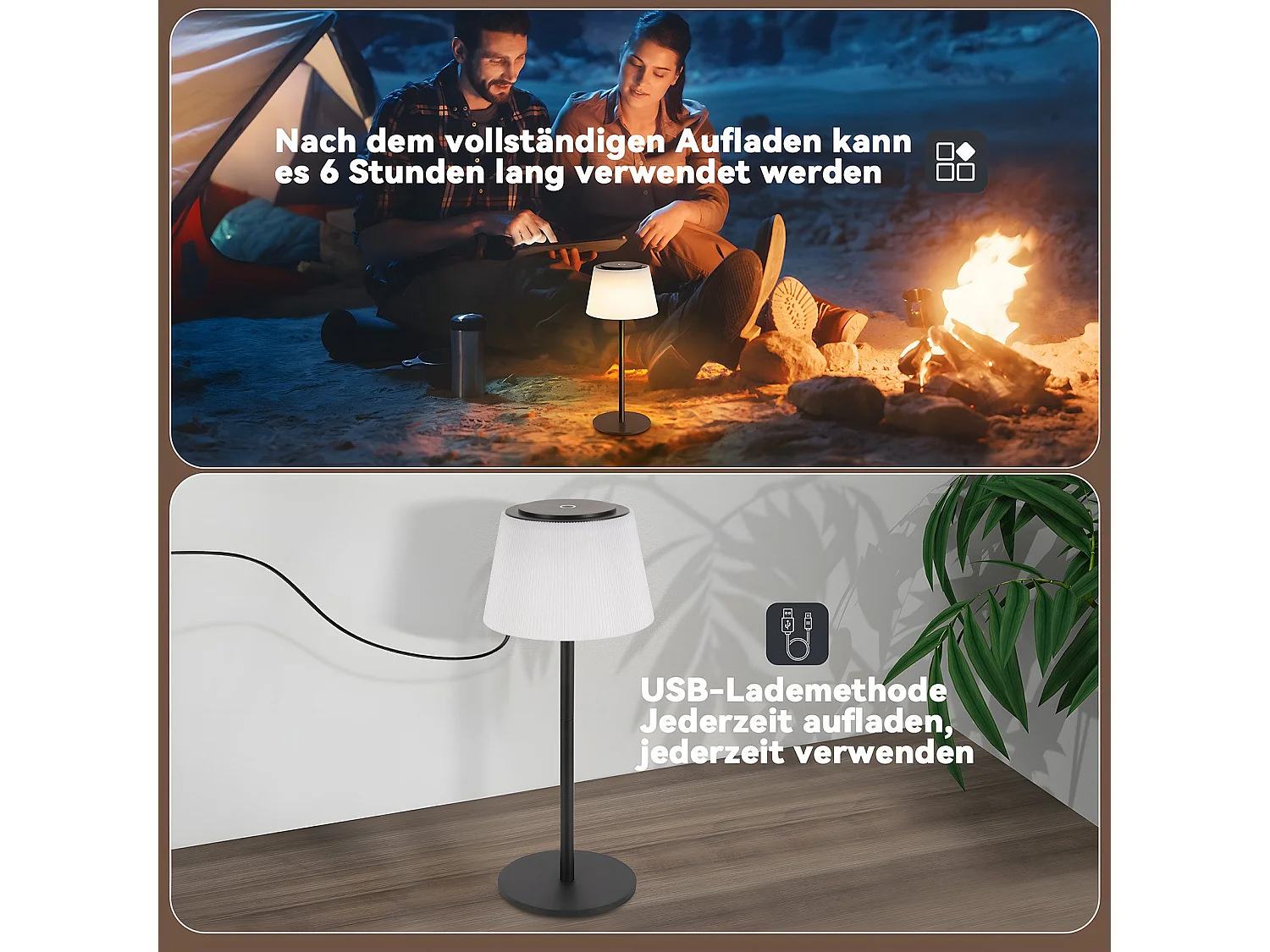 NETTLIFE Lampe de chevet sans fil à LED, rechargeable par USB, tactile, intensité variable, noire, 3600 mhA