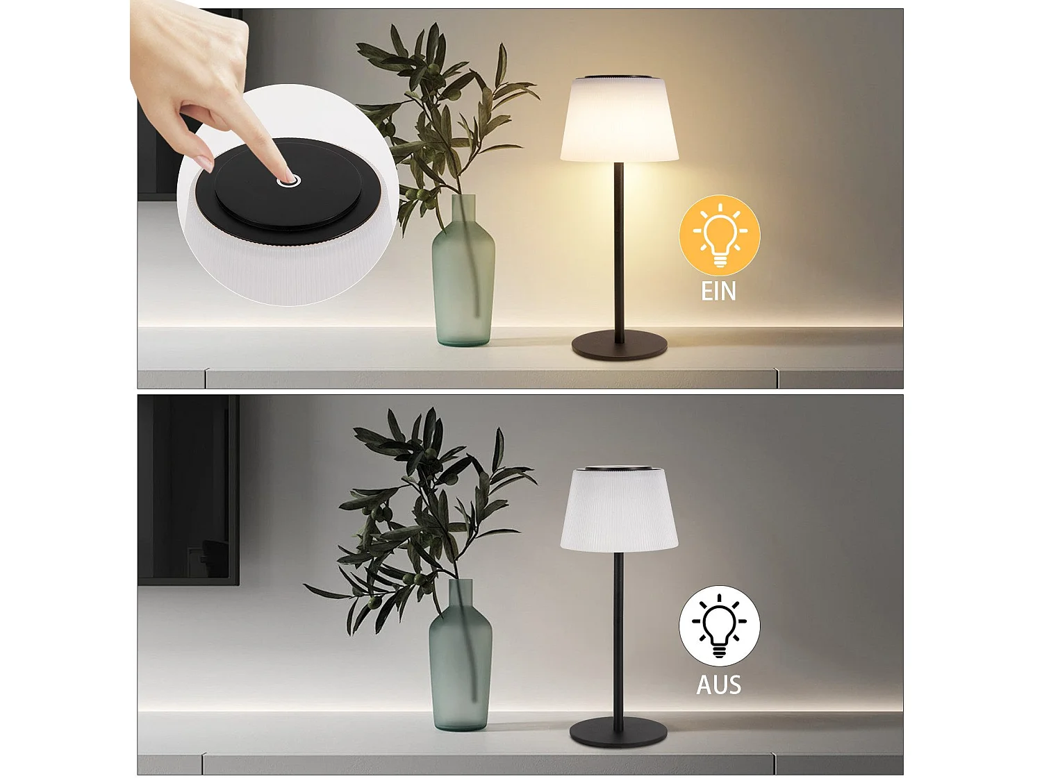 NETTLIFE Lampe de chevet sans fil à LED, rechargeable par USB, tactile, intensité variable, noire, 3600 mhA