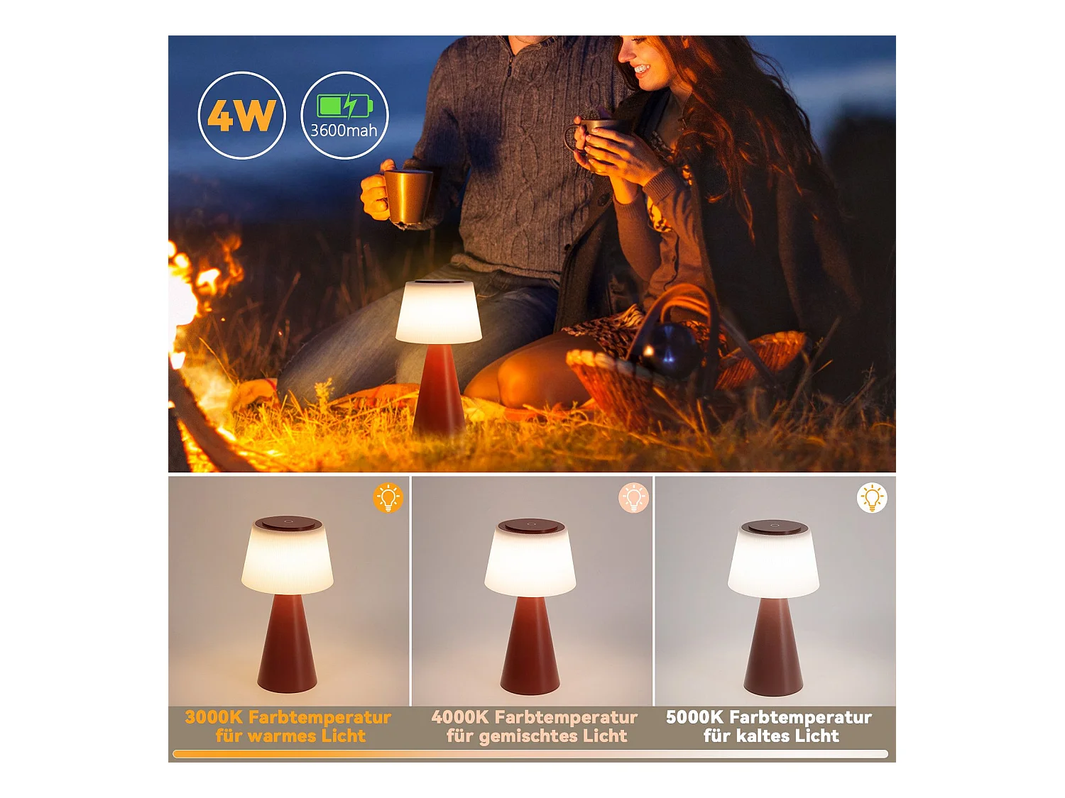 NETTLIFE Lampe de table à piles, lampe de chevet LED - 3600mhA sans fil, lampe tactile à intensité variable avec batterie rouge rechargeable par USB