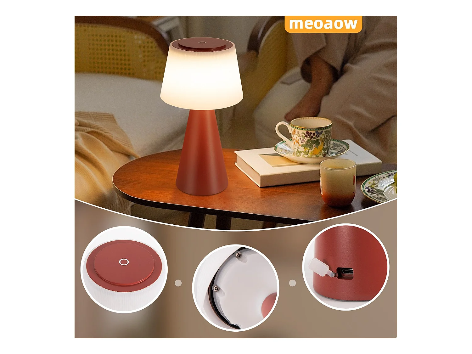 NETTLIFE Lampe de table à piles, lampe de chevet LED - 3600mhA sans fil, lampe tactile à intensité variable avec batterie rouge rechargeable par USB