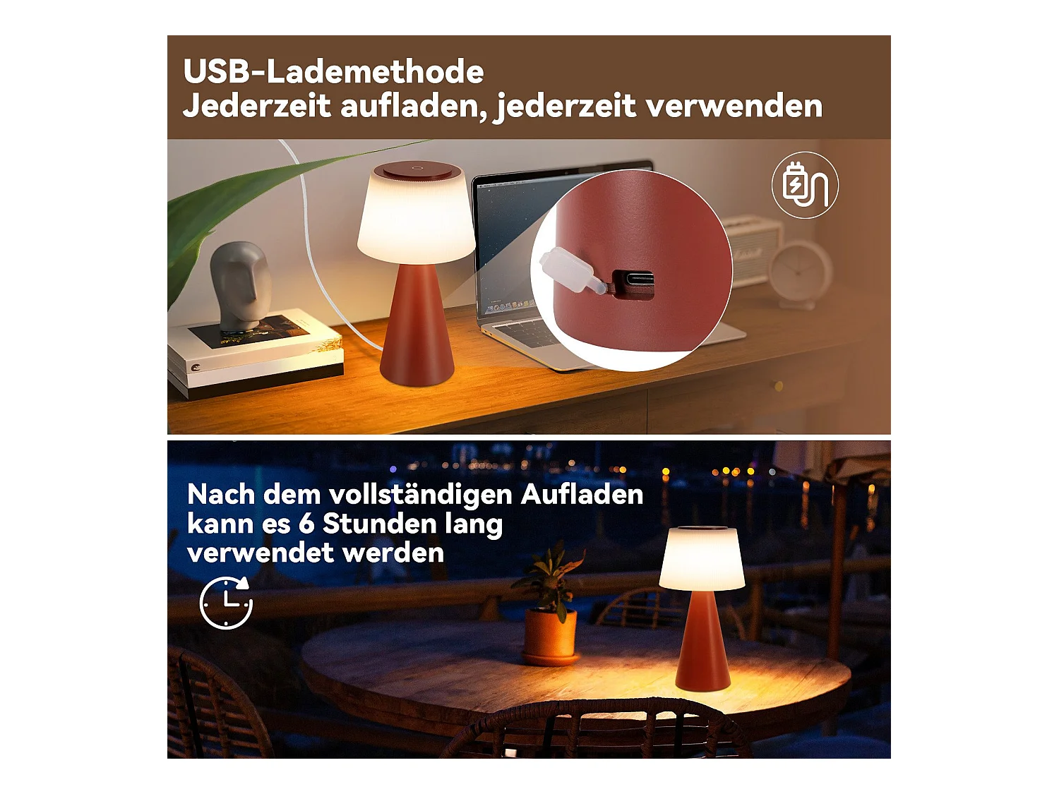 NETTLIFE Lampe de table à piles, lampe de chevet LED - 3600mhA sans fil, lampe tactile à intensité variable avec batterie rouge rechargeable par USB