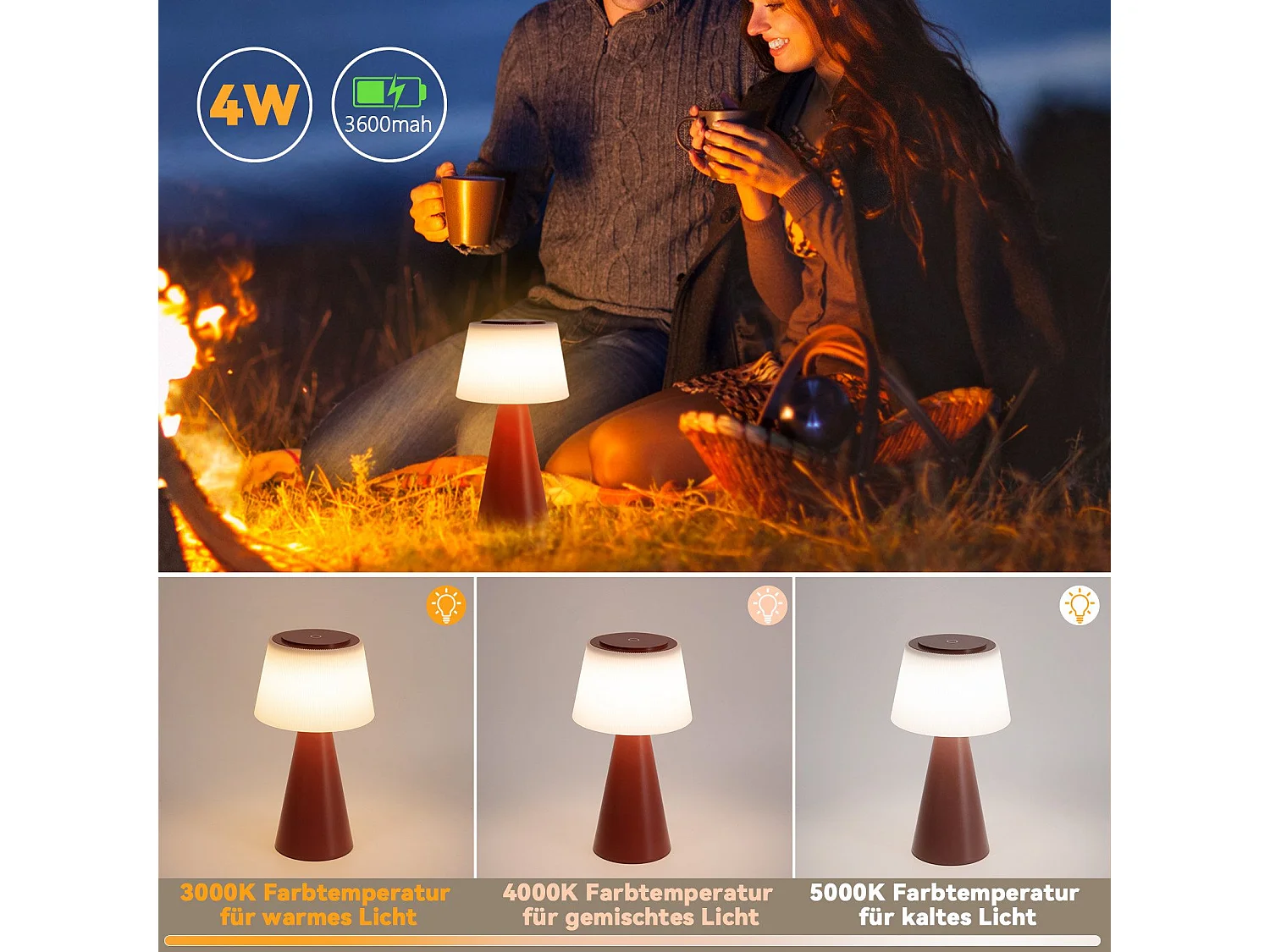 NETTLIFE Lampe de table à piles, lampe de chevet LED - 3600mhA sans fil, lampe tactile à intensité variable avec batterie rouge rechargeable par USB