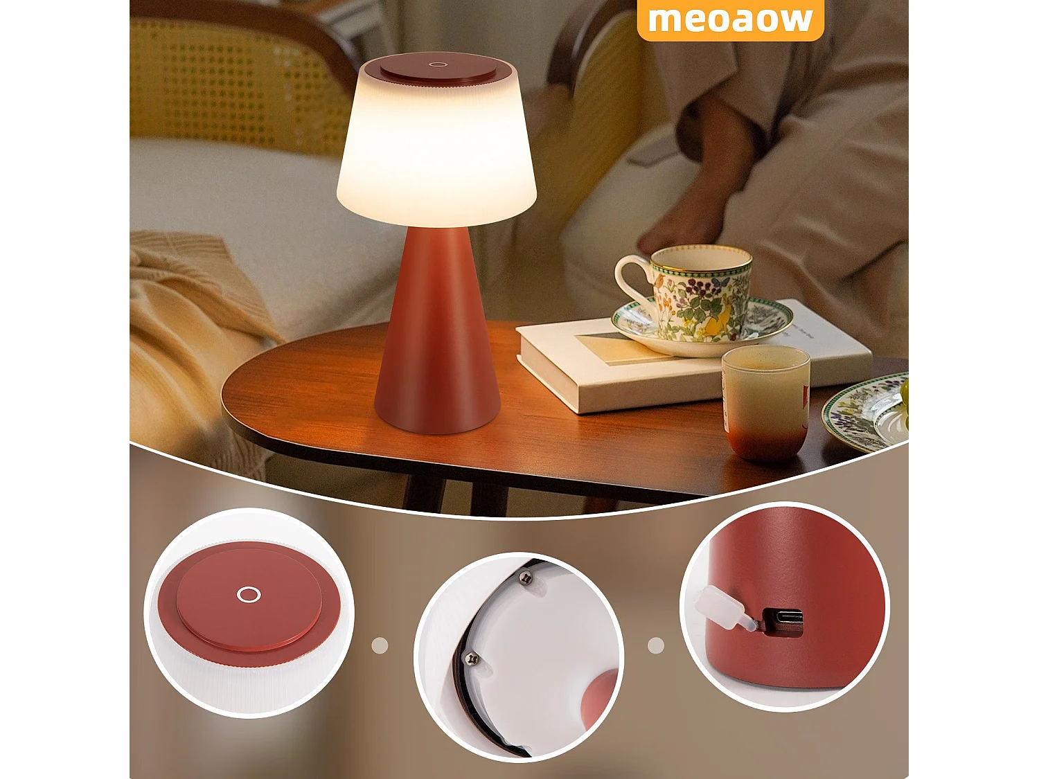 NETTLIFE Lampe de table à piles, lampe de chevet LED - 3600mhA sans fil, lampe tactile à intensité variable avec batterie rouge rechargeable par USB