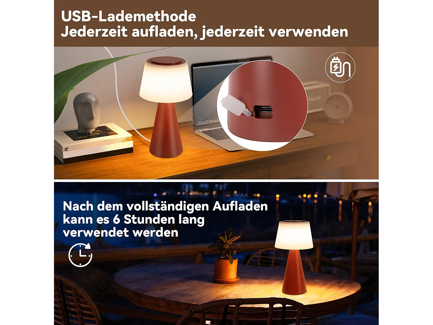 NETTLIFE Lampe de table à piles, lampe de chevet LED - 3600mhA sans fil, lampe tactile à intensité variable avec batterie rouge rechargeable par USB