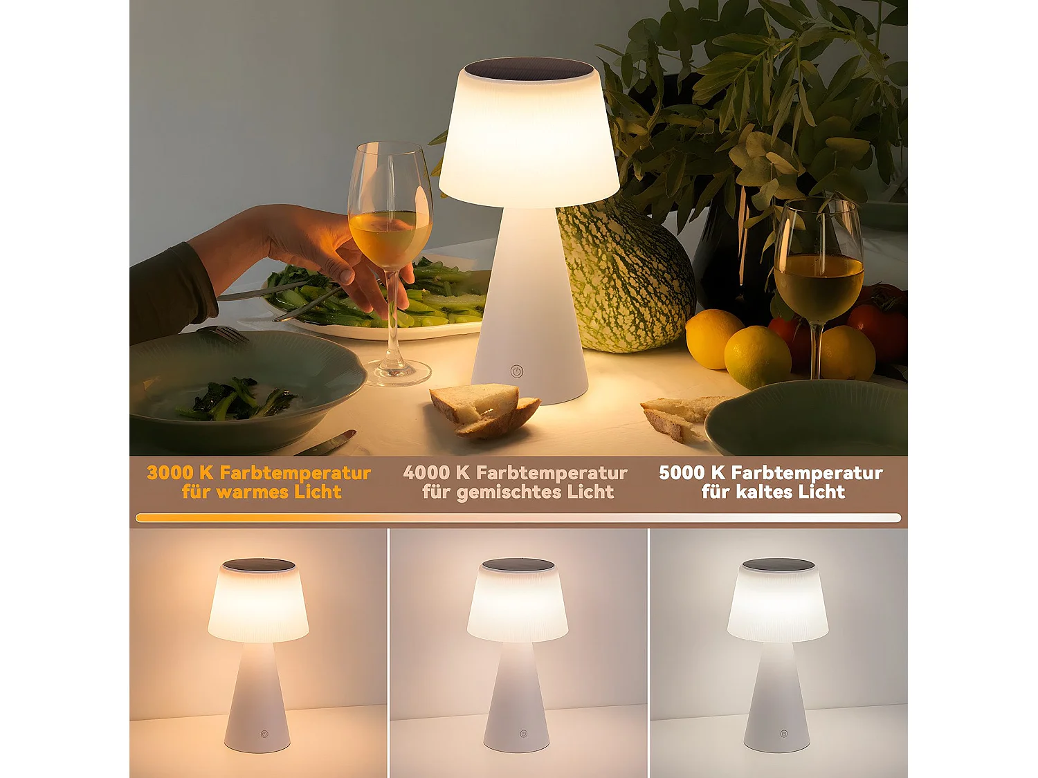 NETTLIFE Kabellose Solar-Akku-Tischlampe, 3600 mhA LED-Tischlampe, wiederaufladbar, Touch, dimmbar, weiße Lampe mit USB-Akku