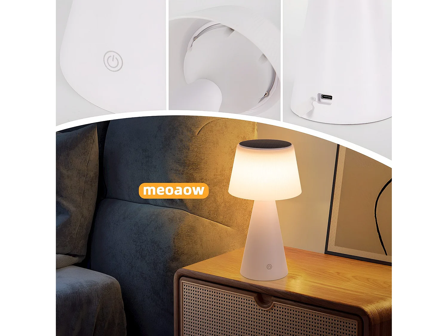 NETTLIFE Kabellose Solar-Akku-Tischlampe, 3600 mhA LED-Tischlampe, wiederaufladbar, Touch, dimmbar, weiße Lampe mit USB-Akku