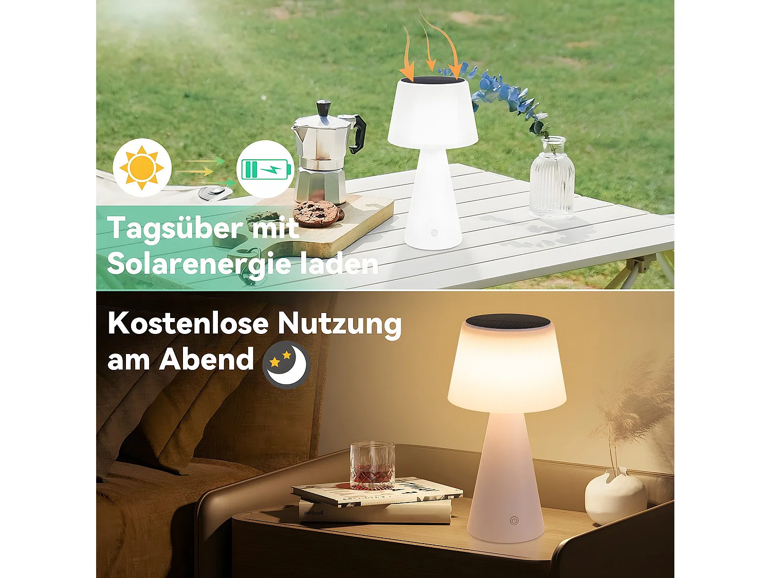 NETTLIFE Kabellose Solar-Akku-Tischlampe, 3600 mhA LED-Tischlampe, wiederaufladbar, Touch, dimmbar, weiße Lampe mit USB-Akku