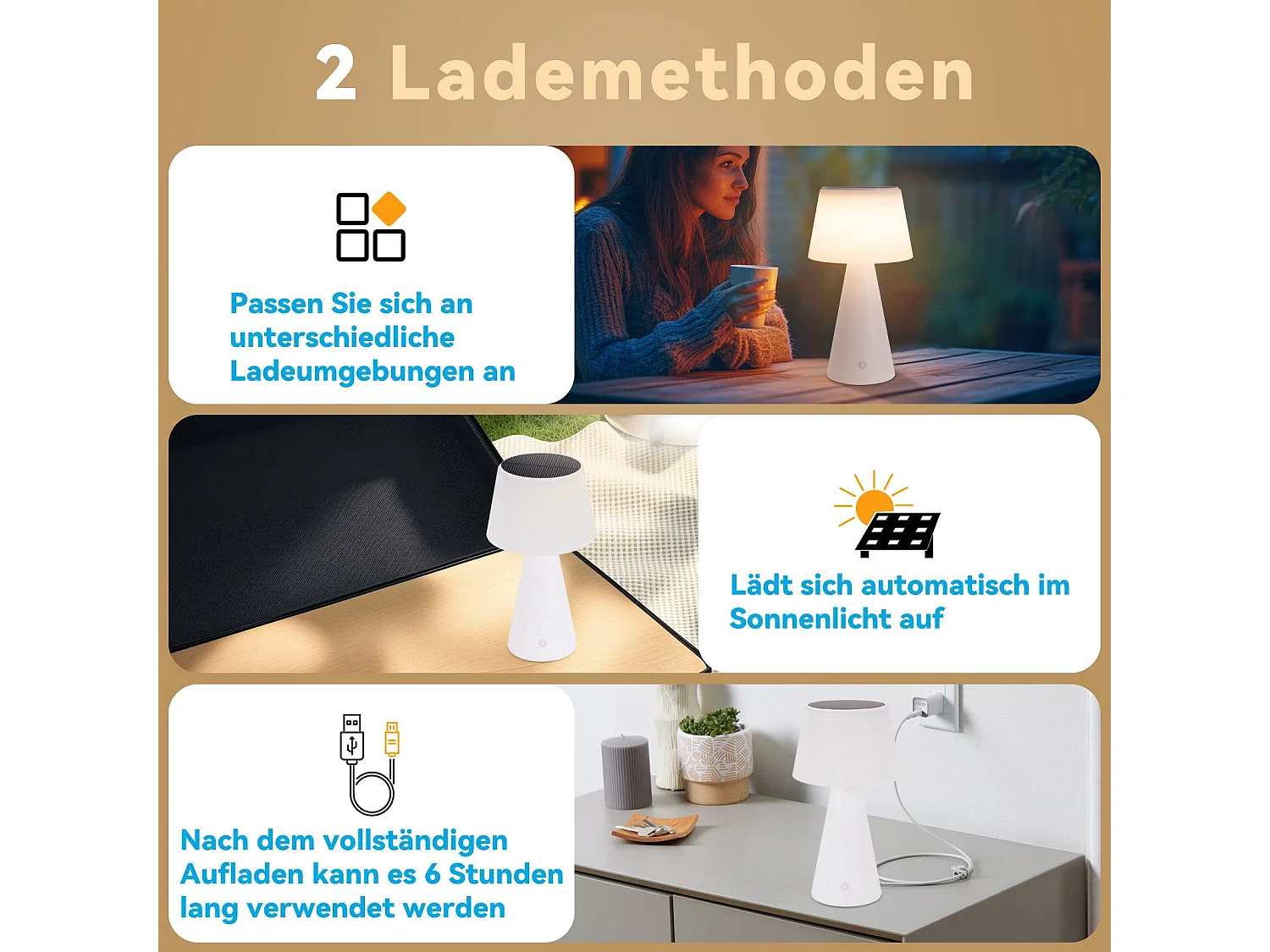 NETTLIFE Kabellose Solar-Akku-Tischlampe, 3600 mhA LED-Tischlampe, wiederaufladbar, Touch, dimmbar, weiße Lampe mit USB-Akku