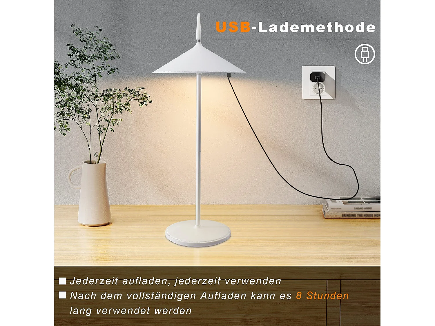 NETTLIFE Batterijgevoede tafellamp met LED-lampje voor op het bed, 2-pack draadloze tafellampen 1800 mAh, oplaadbaar, aanraakgevoelig, dimbaar, modern, wit, IP44