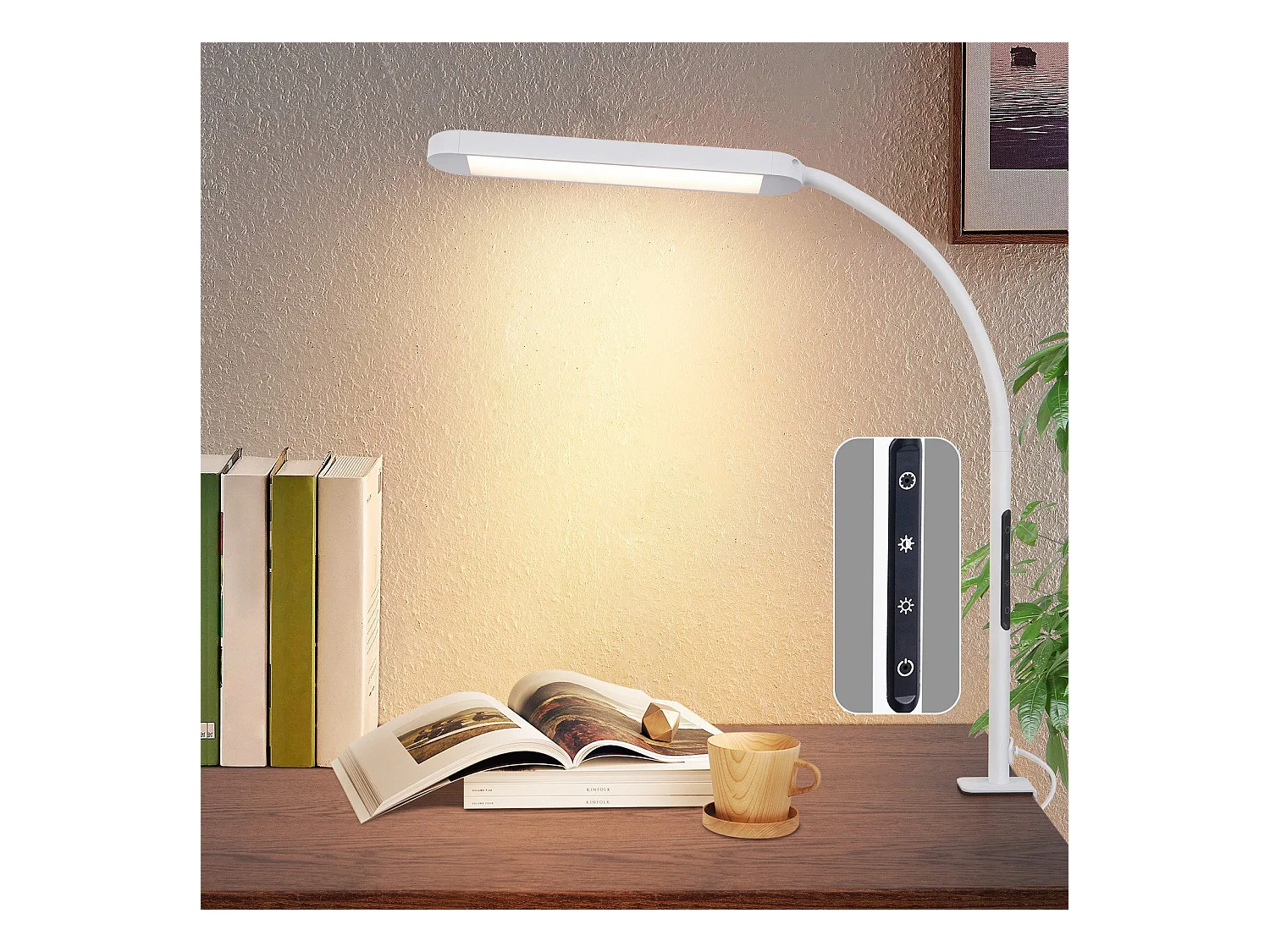 NETTLIFE Lampe de bureau LED à intensité variable avec prise blanche 5 niveaux de luminosité 11W flexible avec fonction minuterie de veilleuse