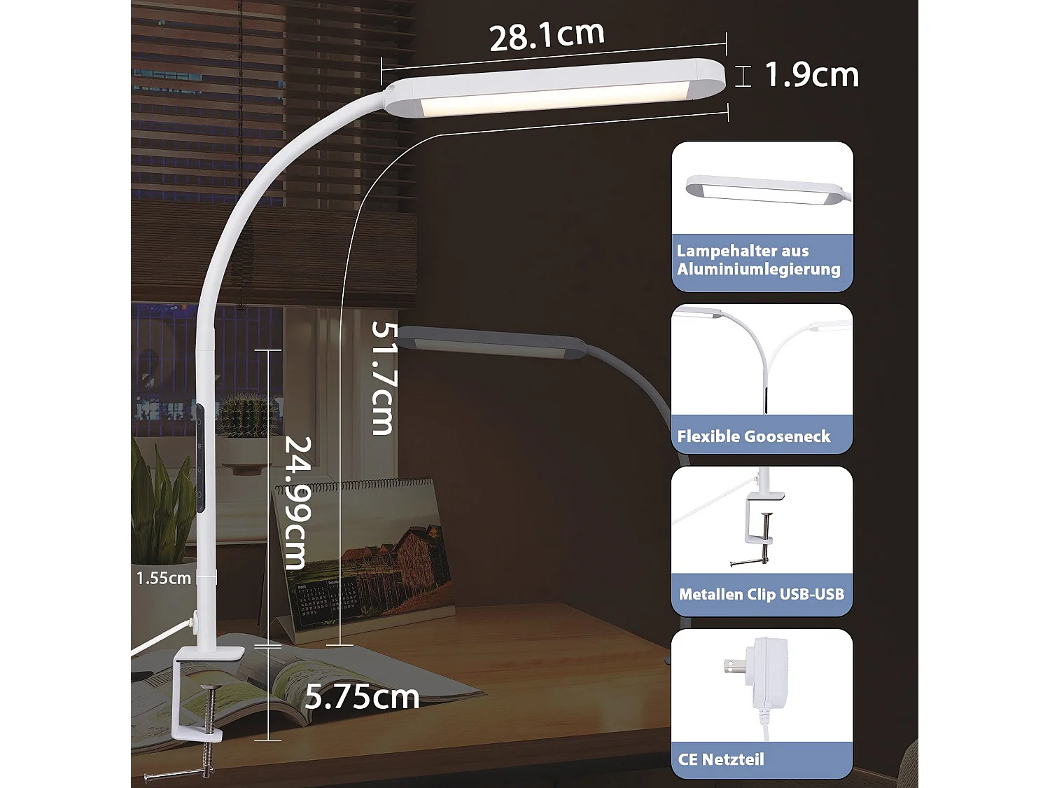 NETTLIFE Lampe de bureau LED à intensité variable avec prise blanche 5 niveaux de luminosité 11W flexible avec fonction minuterie de veilleuse