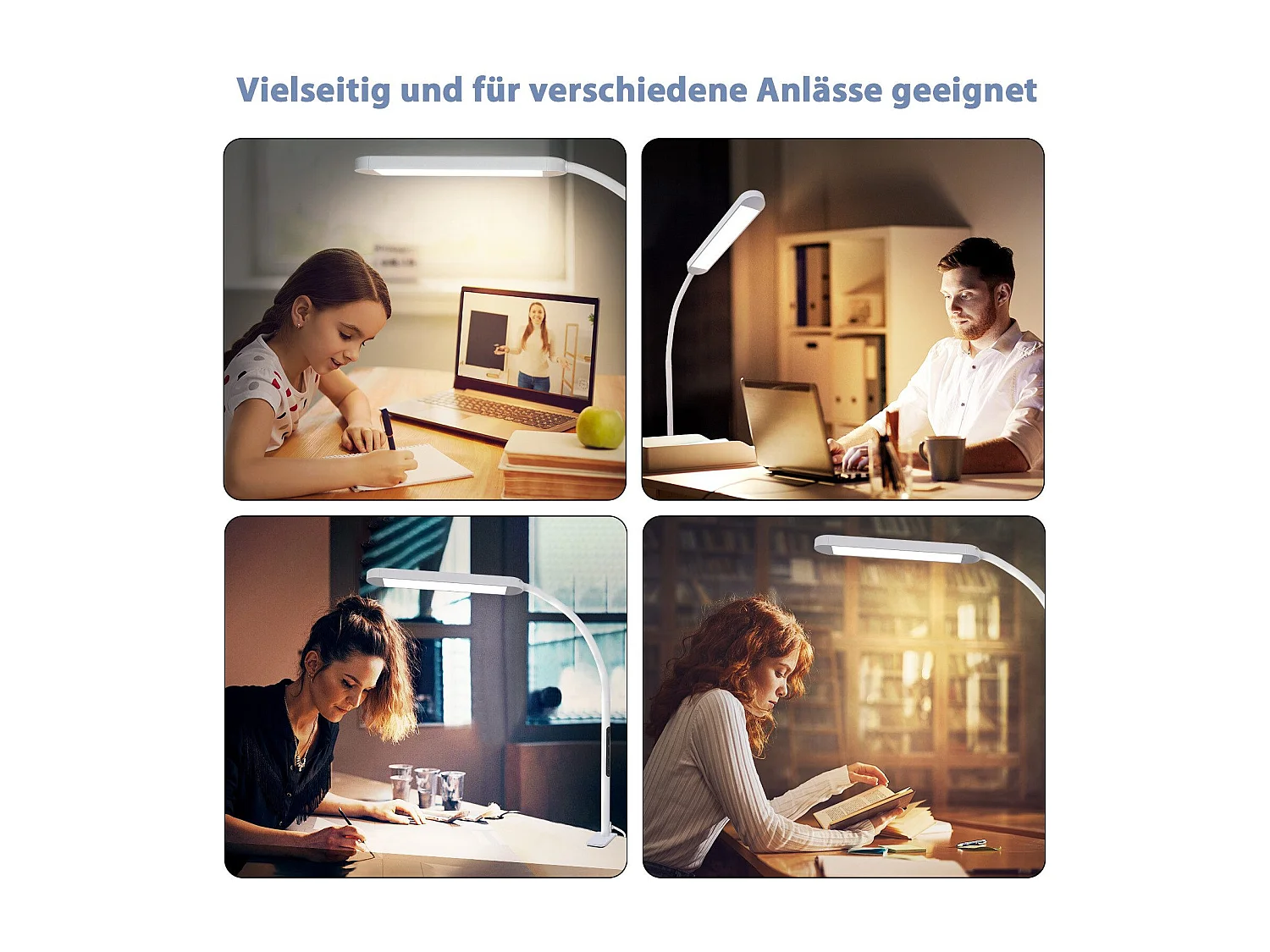 NETTLIFE Lampe de bureau LED à intensité variable avec prise blanche 5 niveaux de luminosité 11W flexible avec fonction minuterie de veilleuse