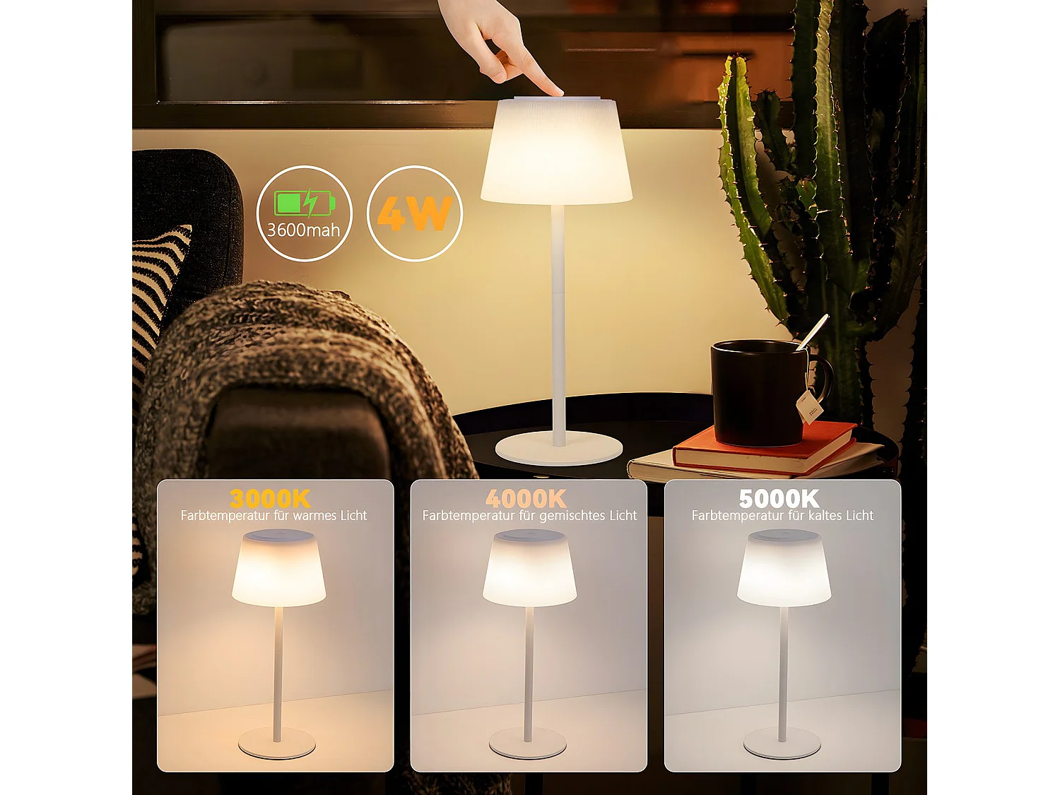 NETTLIFE Lampe de chevet sans fil à LED, tactile, à intensité variable, rechargeable par USB, blanche, 3 600 mAH.