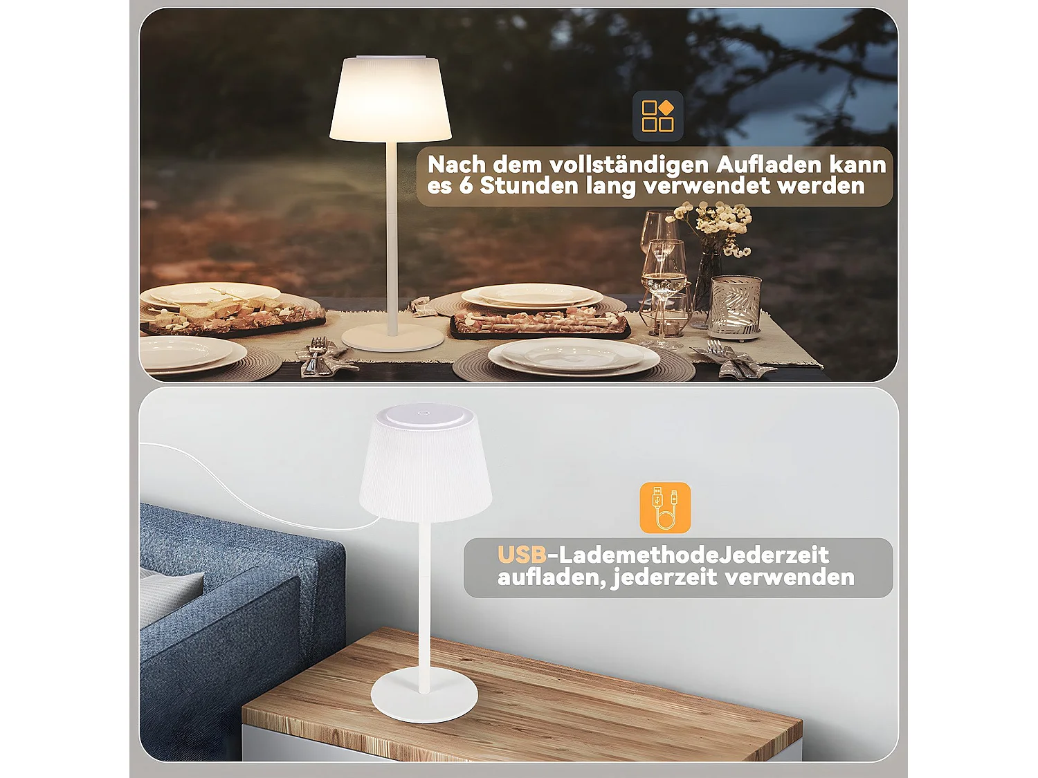 NETTLIFE Draadloze LED-bedlamp, Touch, Dimbaar, Oplaadbaar via USB, Wit, 3600 mAh.