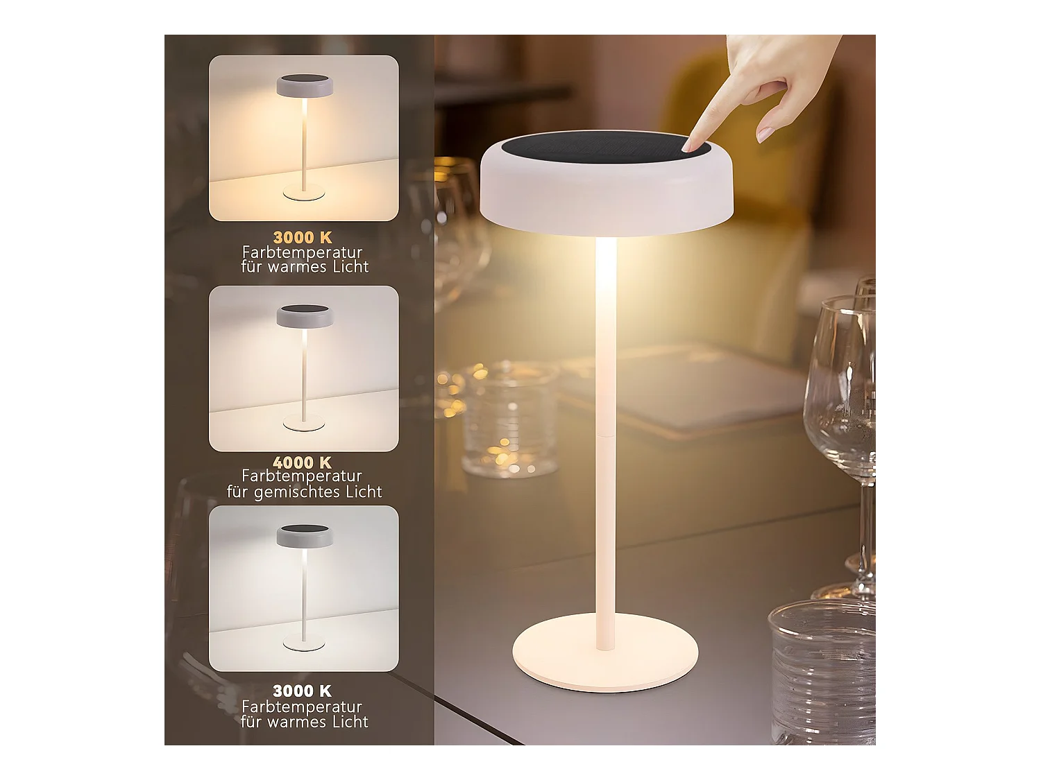 NETTLIFE Lampe de table solaire à batterie lampe de chevet LED sans fil 3600mhA rechargeable tactile dimmable blanche avec batterie USB