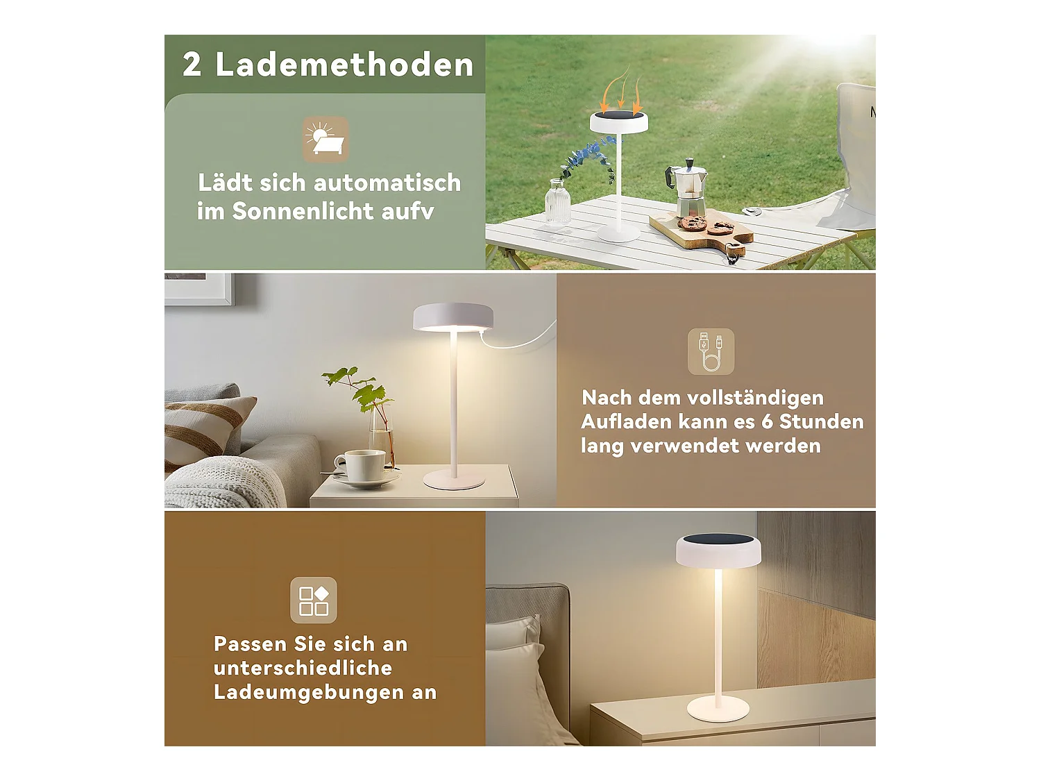 NETTLIFE Lampe de table solaire à batterie lampe de chevet LED sans fil 3600mhA rechargeable tactile dimmable blanche avec batterie USB