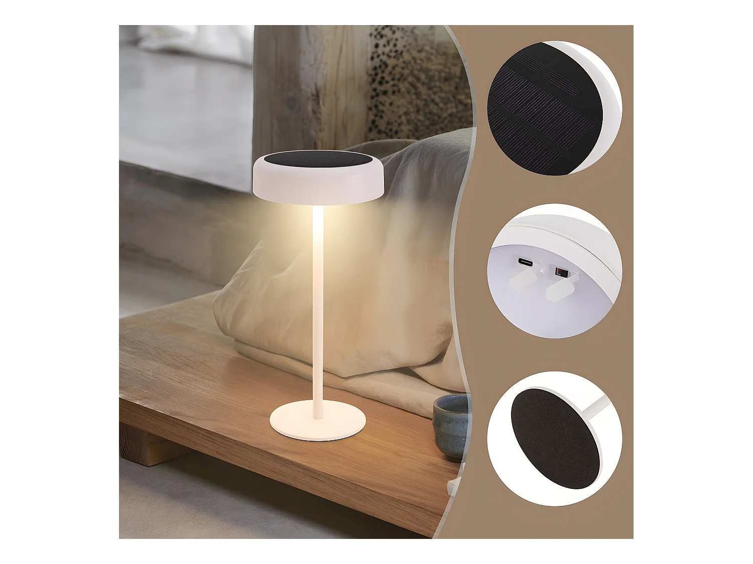 NETTLIFE Lampe de table solaire à batterie lampe de chevet LED sans fil 3600mhA rechargeable tactile dimmable blanche avec batterie USB