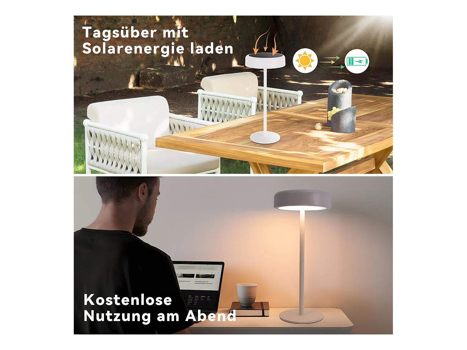 NETTLIFE Lampe de table solaire à batterie lampe de chevet LED sans fil 3600mhA rechargeable tactile dimmable blanche avec batterie USB