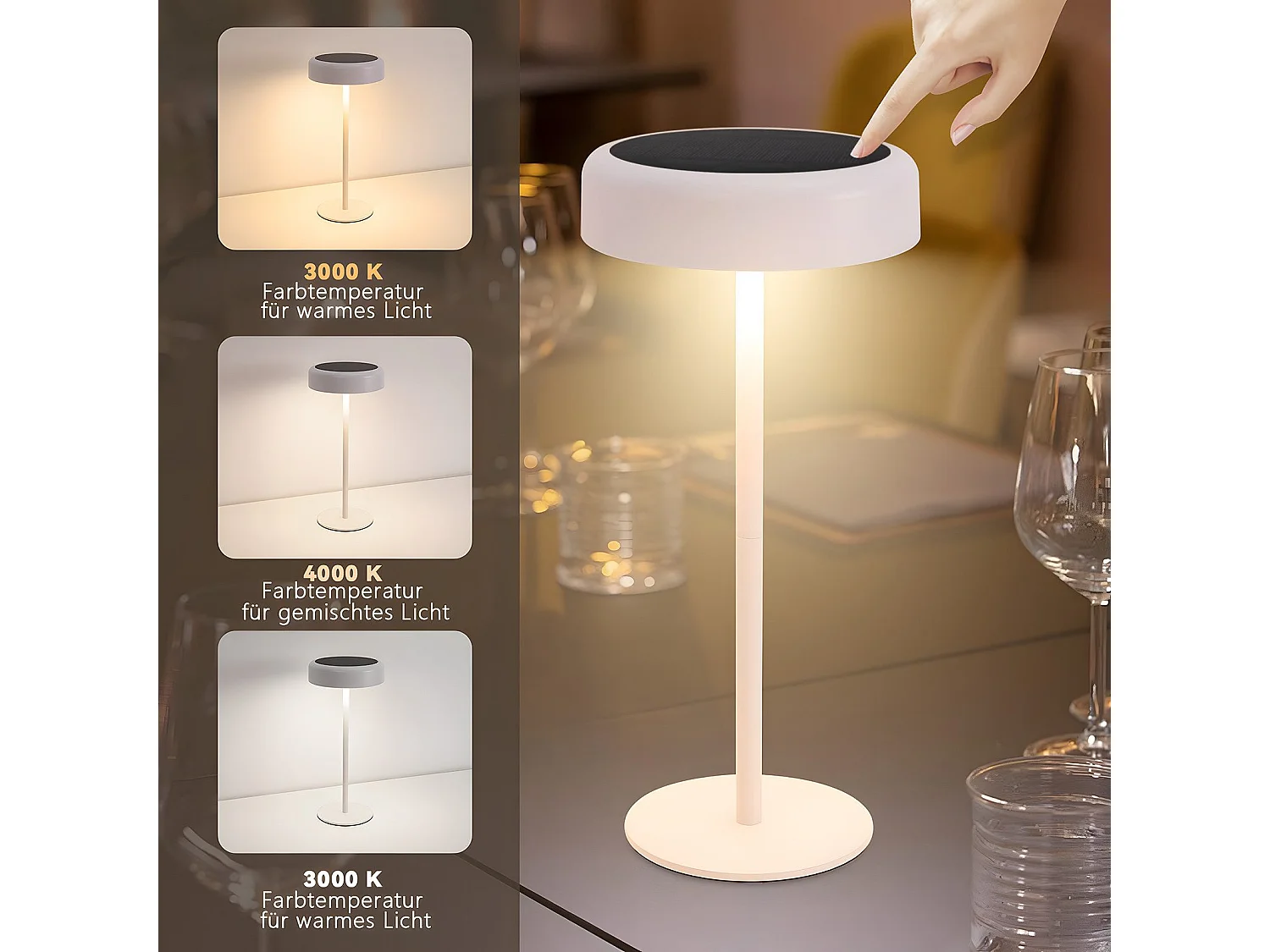 NETTLIFE Lampe de table solaire à batterie lampe de chevet LED sans fil 3600mhA rechargeable tactile dimmable blanche avec batterie USB