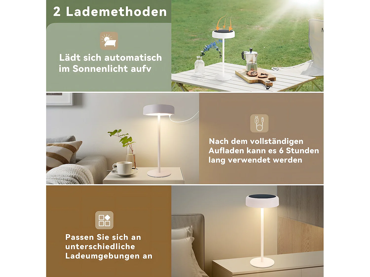 NETTLIFE Lampe de table solaire à batterie lampe de chevet LED sans fil 3600mhA rechargeable tactile dimmable blanche avec batterie USB