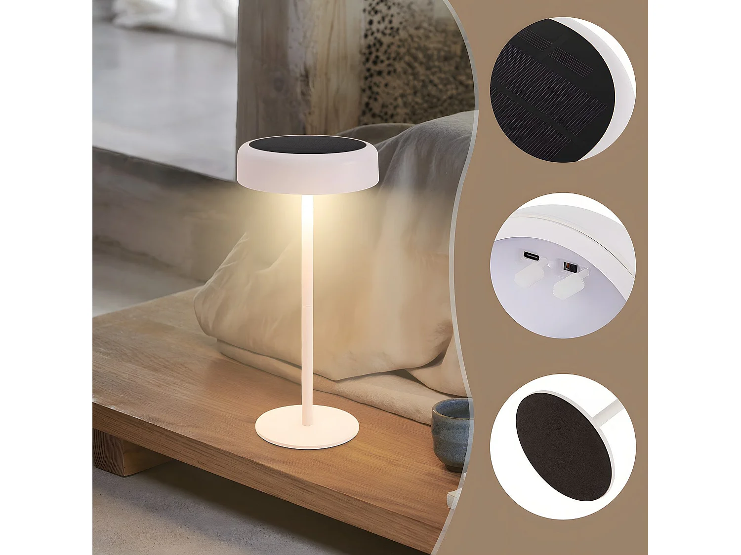 NETTLIFE Lampe de table solaire à batterie lampe de chevet LED sans fil 3600mhA rechargeable tactile dimmable blanche avec batterie USB