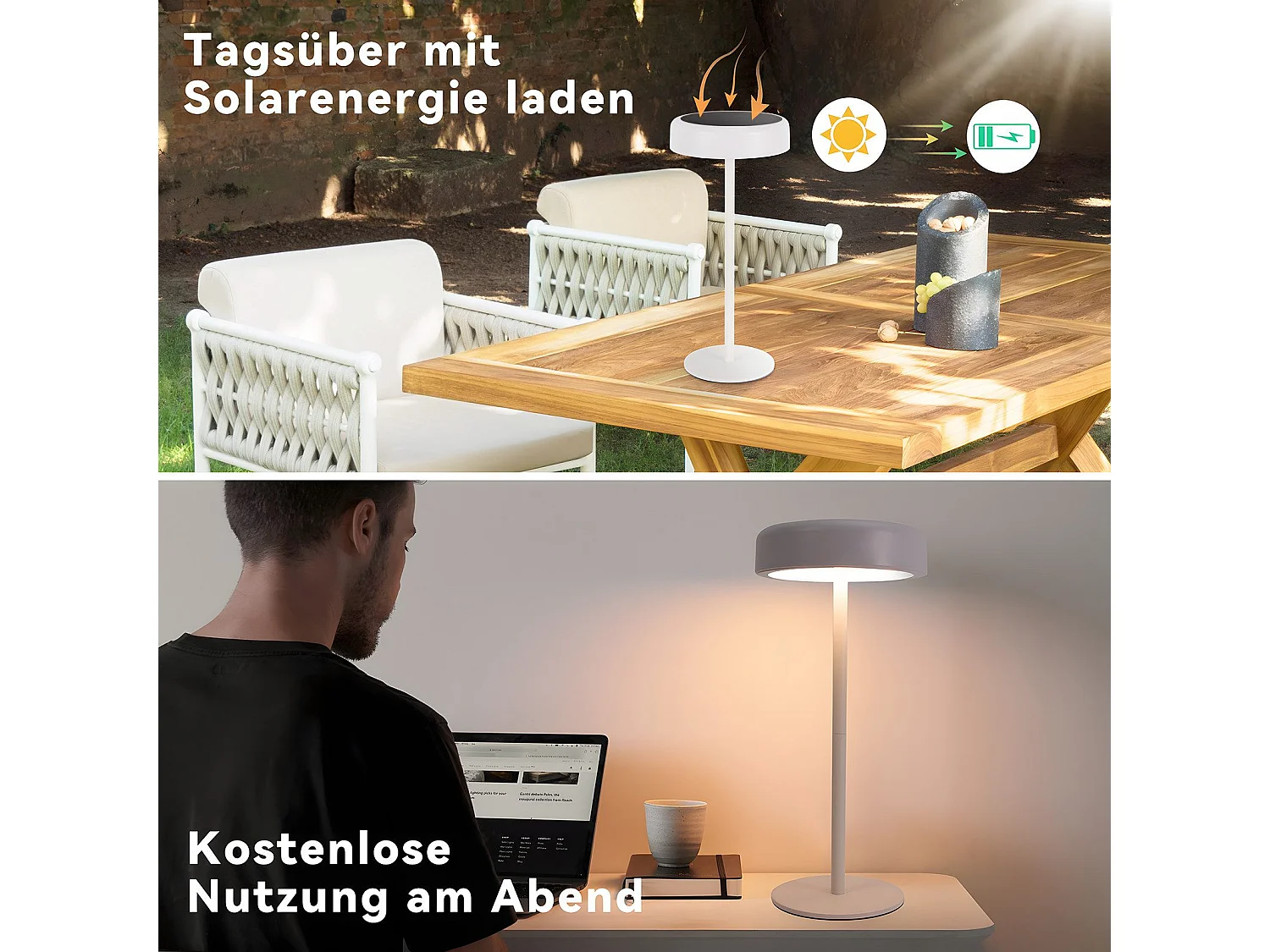 NETTLIFE Lampe de table solaire à batterie lampe de chevet LED sans fil 3600mhA rechargeable tactile dimmable blanche avec batterie USB