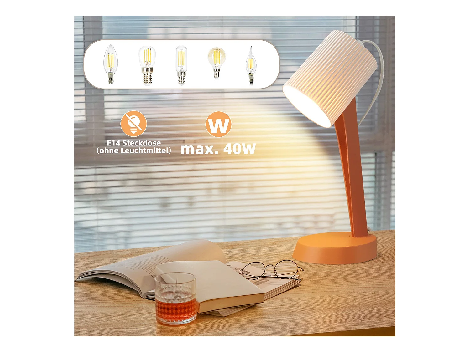 NETTLIFE Lampa stołowa do salonu Lampka nocna z kablem - Zestaw 2 małych pomarańczowych lamp E14 Nowoczesne lampy stołowe