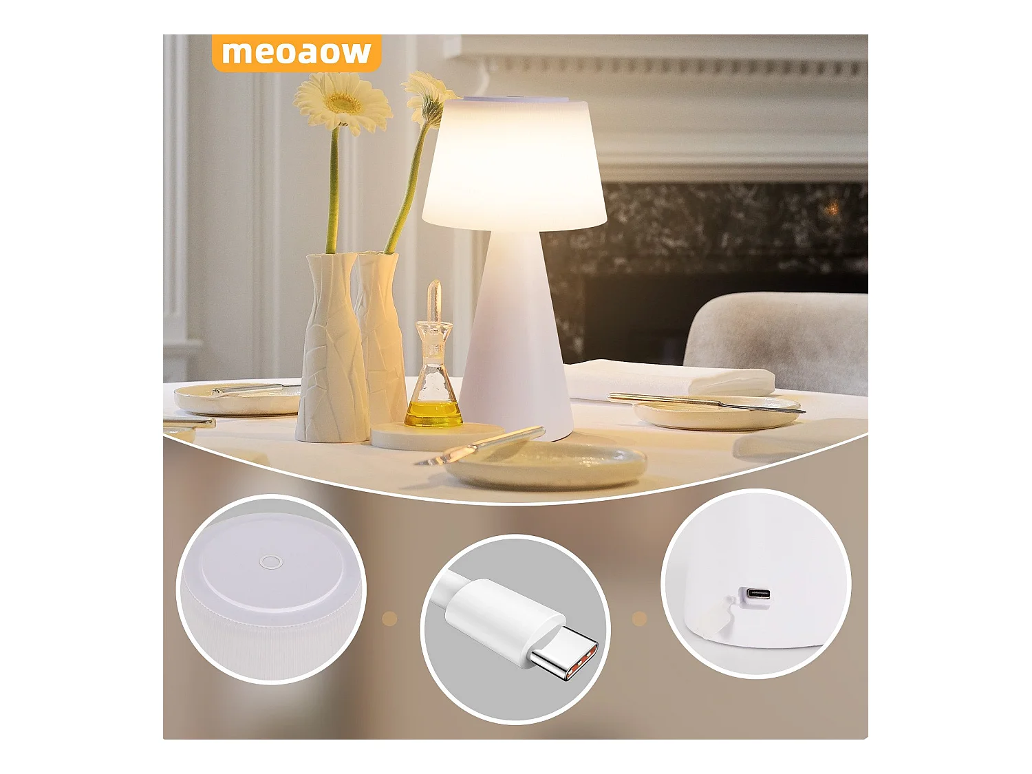 NETTLIFE Lampe de table à piles, lampe de chevet LED - 3600mhA sans fil, lampe tactile à intensité variable avec batterie rechargeable USB blanche